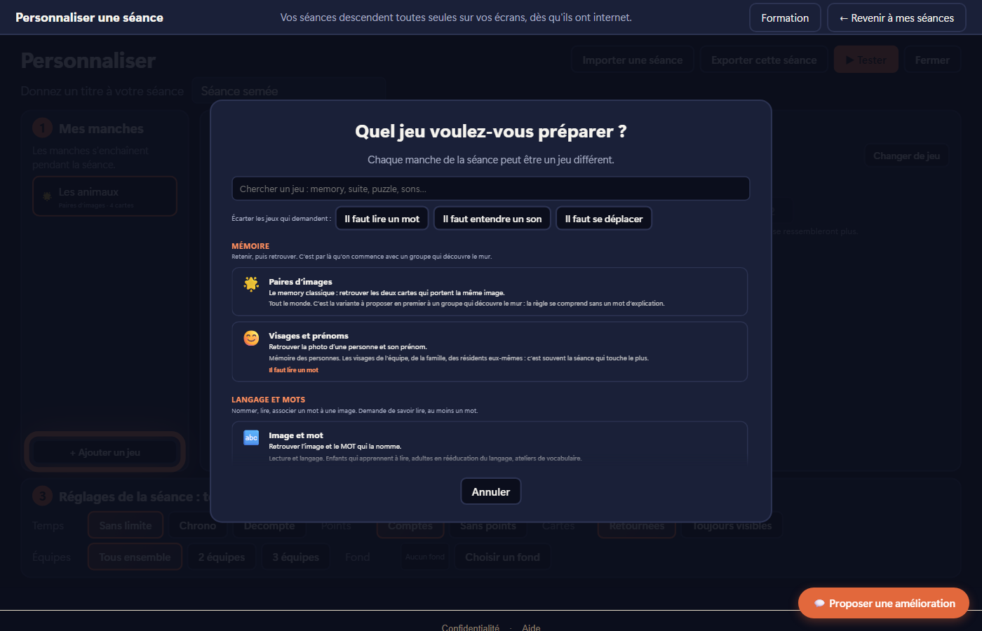 La fenêtre qui propose les différents jeux