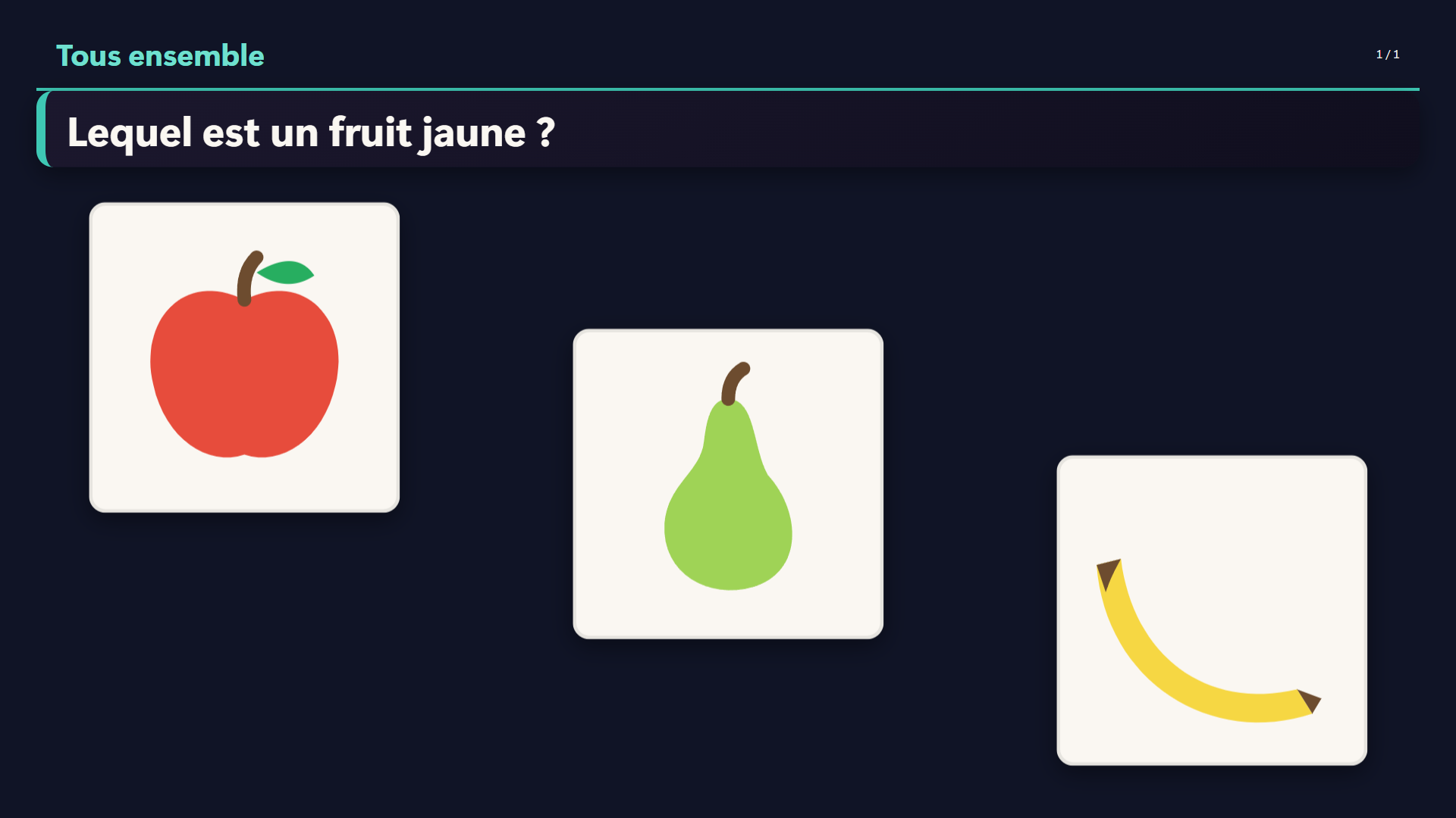 Trois images de fruits à des hauteurs différentes sous la question Lequel est un fruit jaune