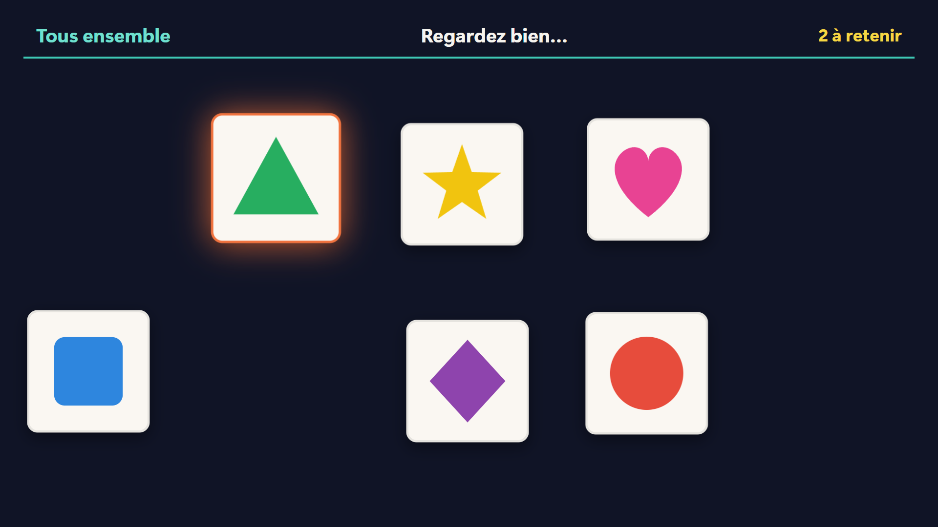 Le jeu de suite : cartes éparpillées, une carte allumée
